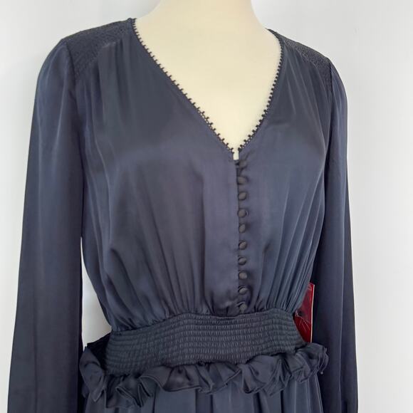 Monique Lhuillier ML Navy Satin Dress High-Low Long Sleeve V-Neck 4 NWT - Picture 6 of 16
